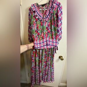 RARE Vintage ‘80s Diane Freis V-Neck Ruffle Blouse with Tassels and Skirt Sz s/m